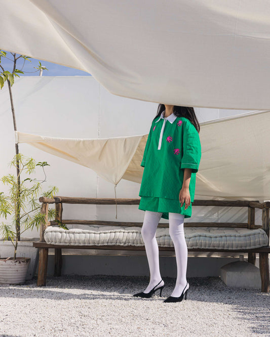 Green beaded embroidered shirt set with floral detailing and knitted sleeves