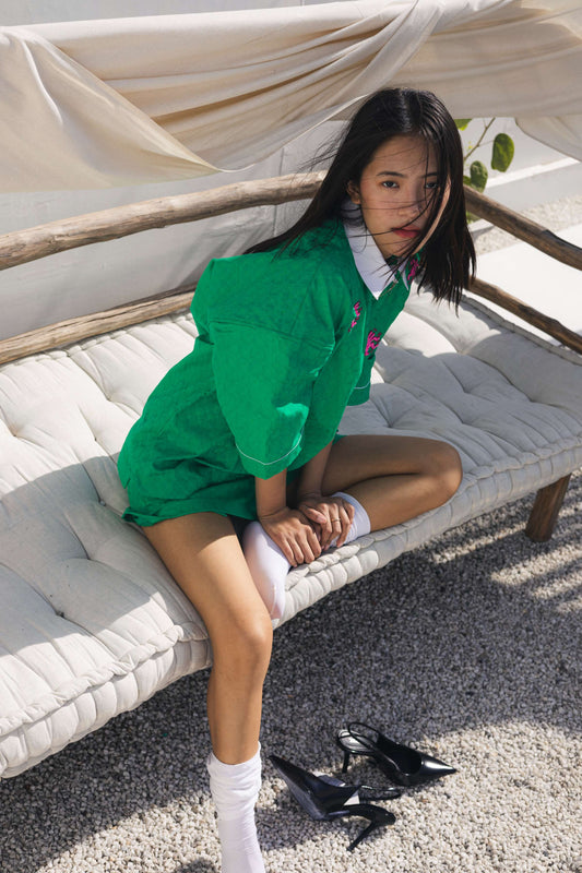 Green beaded embroidered shirt set with floral detailing and knitted sleeves